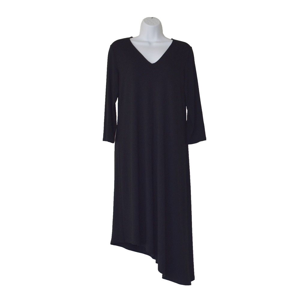 A7 Auth EILEEN FISHER Black Viscose Asymmetrical Hem 3/4 Sleeve Dress Size S